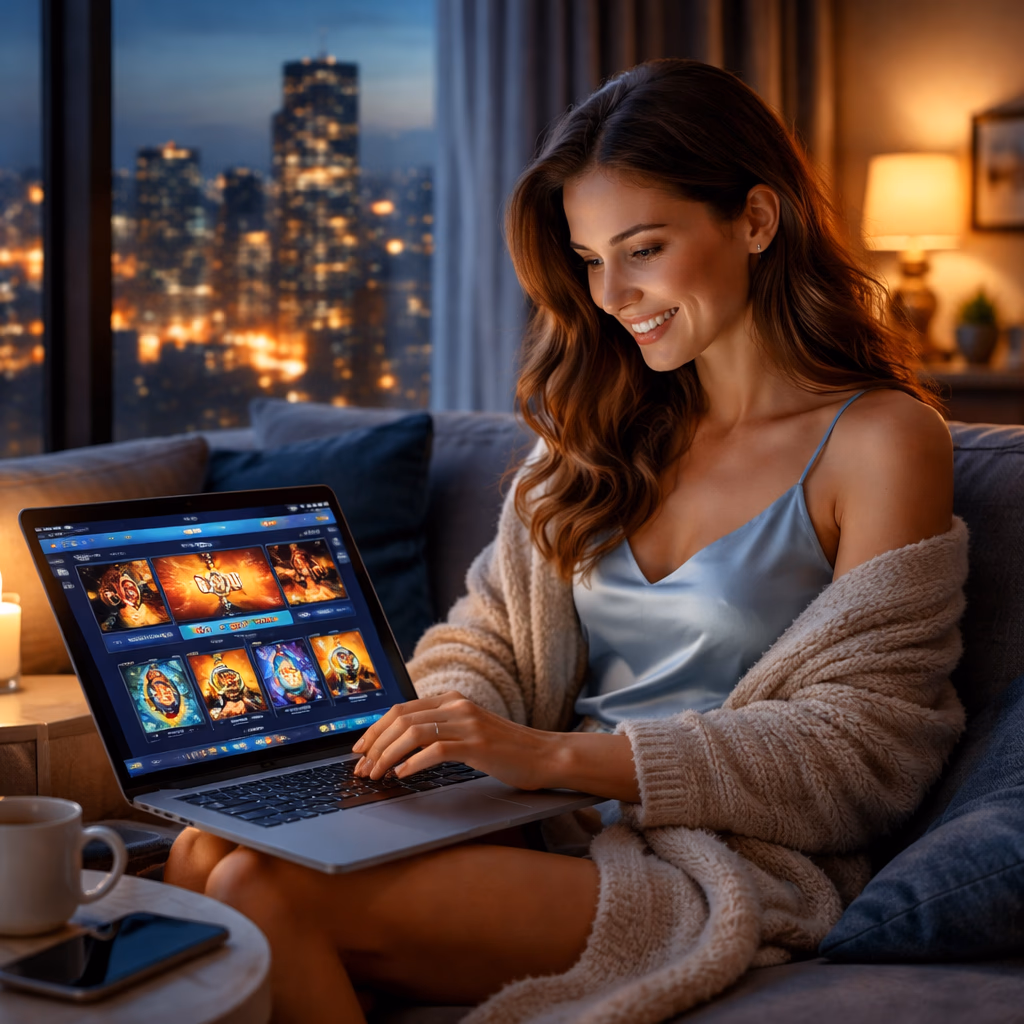 An excited woman using a laptop at home in Argentina while enjoying the SlottoJAM gaming platform.