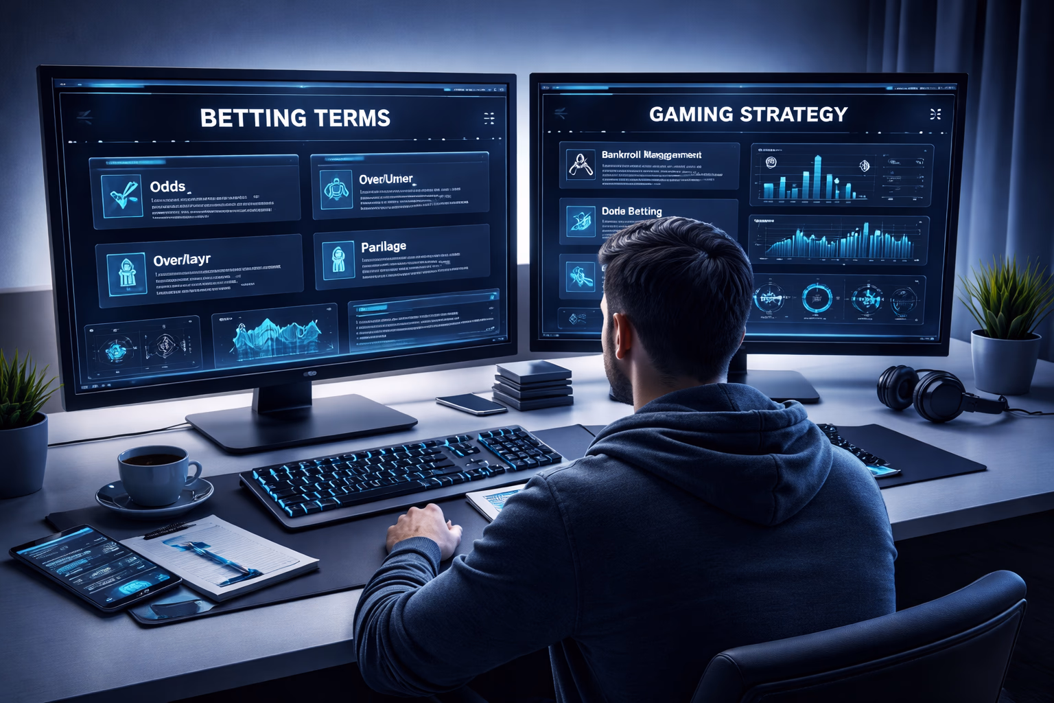 A focused player reviewing account details and gaming information on SlottoJAM in a modern indoor setting.