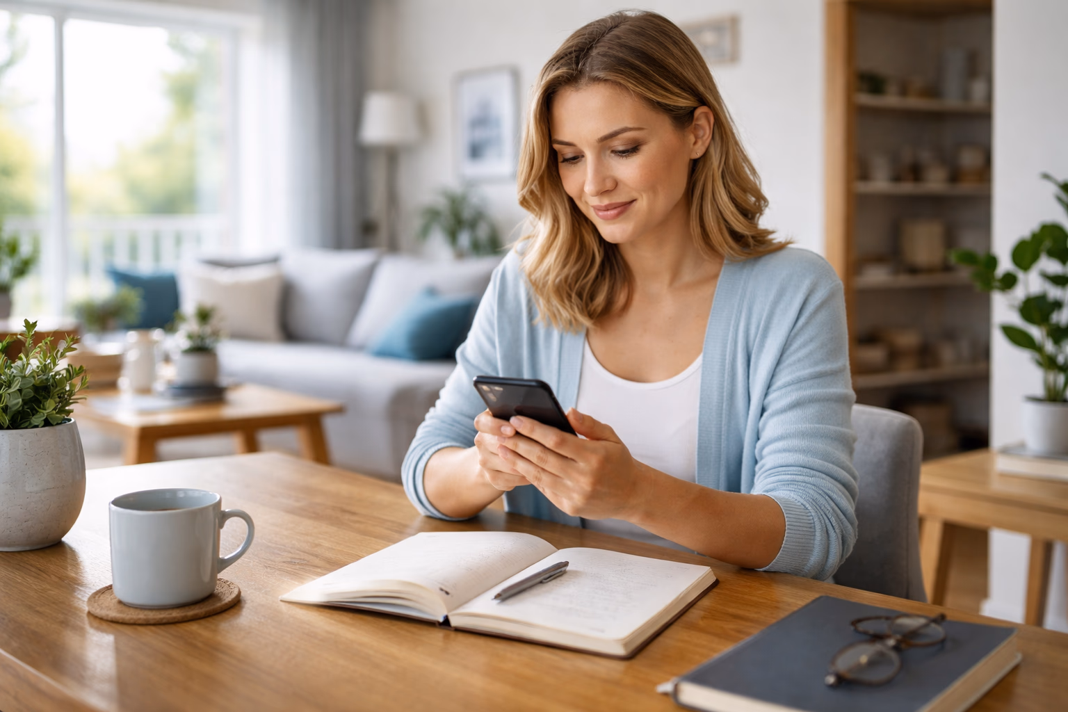 A calm woman reviewing her gaming budget responsibly while using SlottoJAM at home.