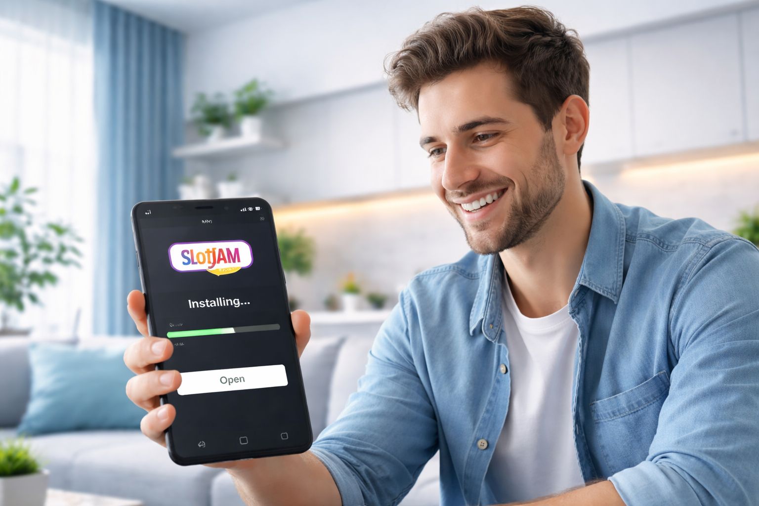 A happy mobile user installing the SlottoJAM app on an Android device in a clean and modern indoor setting.