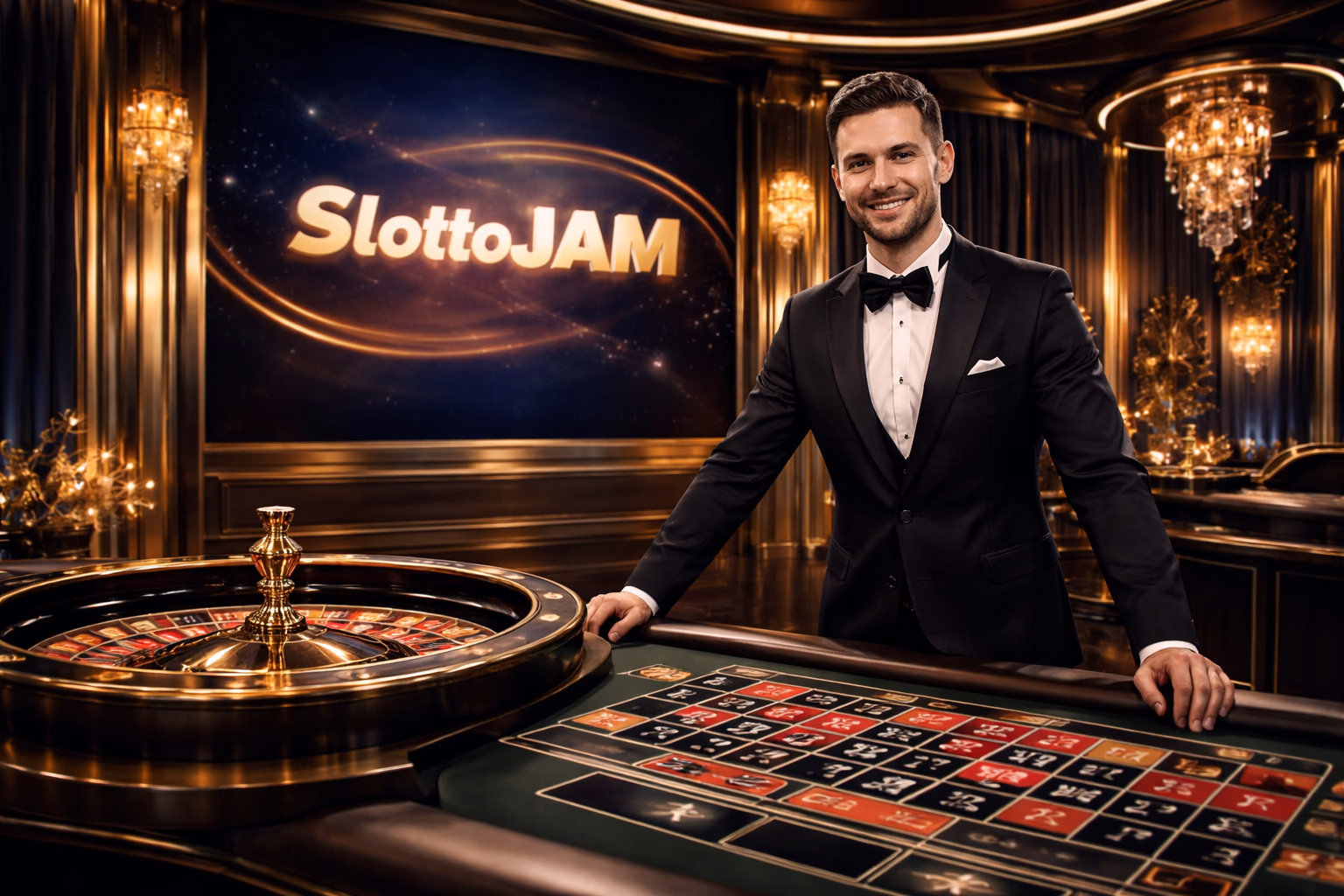A professional live dealer hosting a roulette session in a stylish SlottoJAM studio with bright lights and a welcoming atmosphere.