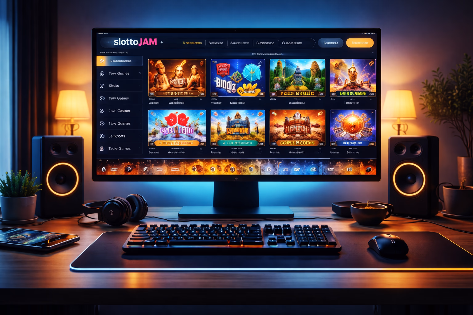 A sleek SlottoJAM interface displaying multiple game categories and bright casino visuals on a desktop screen