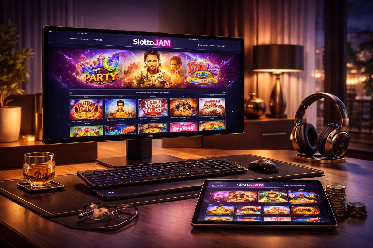 A modern gaming setup featuring SlottoJAM titles on tablet and desktop screens with a refined casino atmosphere