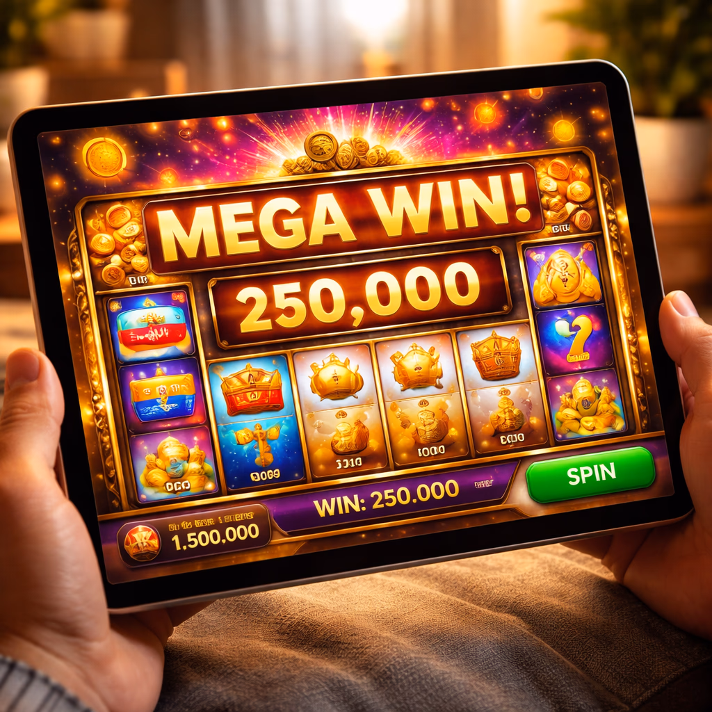 A happy Argentine player celebrating a strong slot result on a tablet with glowing reels and bonus icons visible on screen.